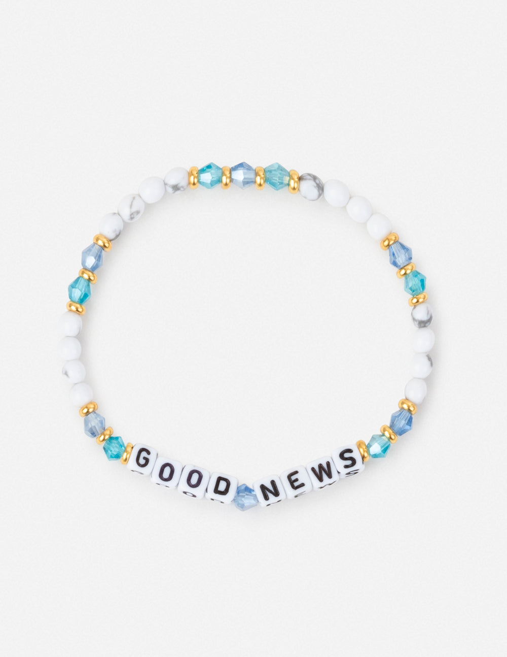 Letter bead bracelet with white beads and “GOOD NEWS” text in blue and gold