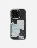 Transparent phone case with light blue border, butterfly accents and faith message