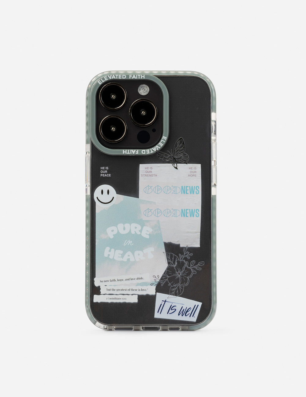Transparent phone case with light blue border, butterfly accents and faith message