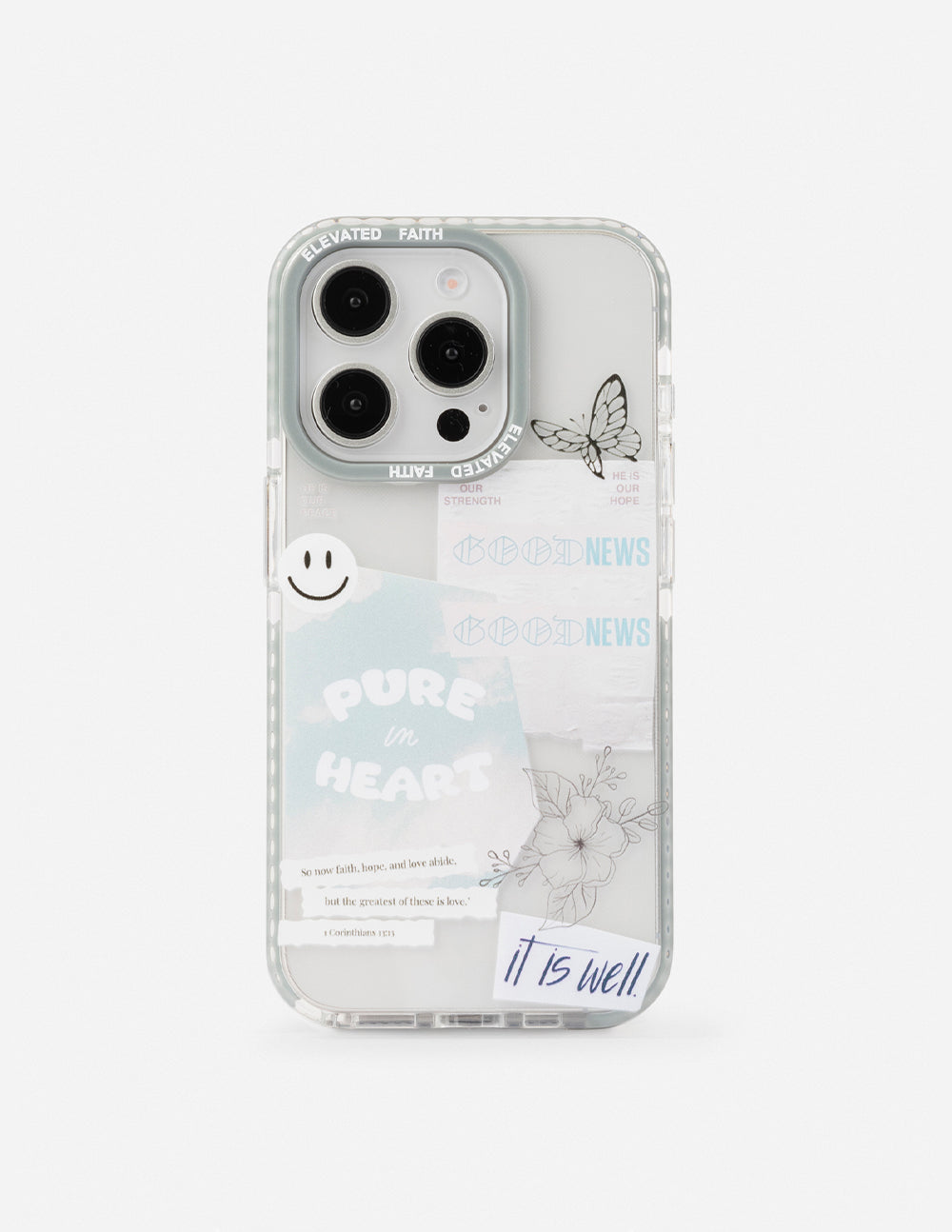 Clear phone case with Good News text, butterfly and smiling face graphic