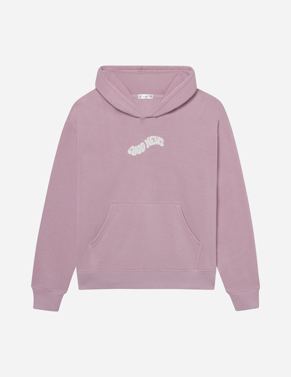 Dusty pink unisex pullover hoodie with chest logo and kangaroo pocket
