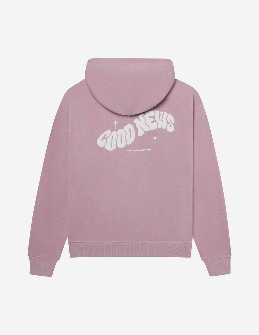 Dusty pink unisex pullover hoodie back with Good News logo and star accents