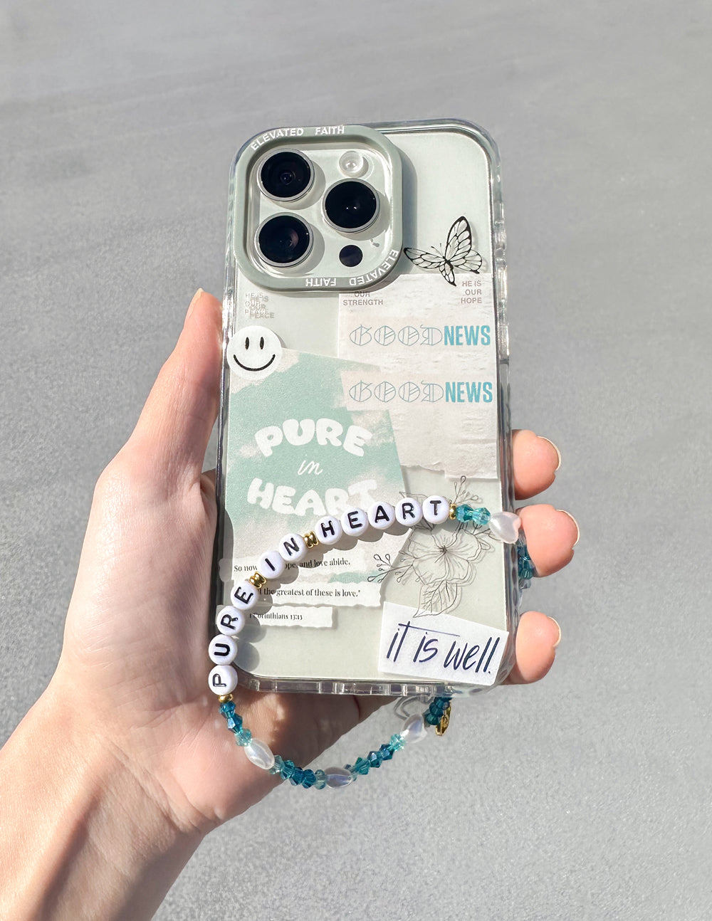 Transparent phone case with light blue border, butterfly and circular floral ornament print