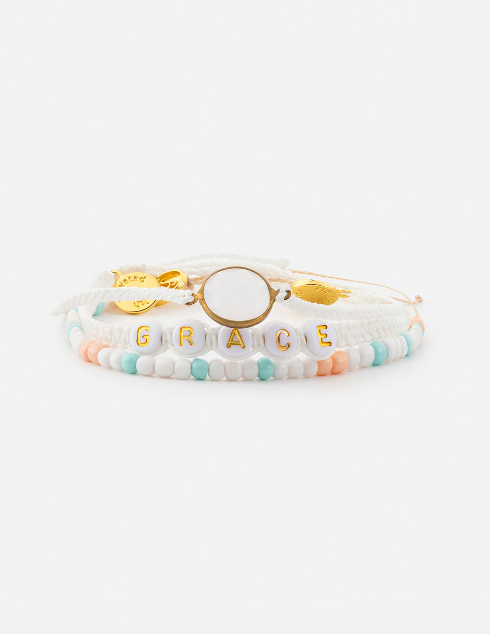 Grace bracelet pack: beaded wrap bracelets with gold charm, white and turquoise beads