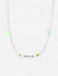 Grace letter necklace with white pearl beads, “GRACE” charm, and pastel smiley accents
