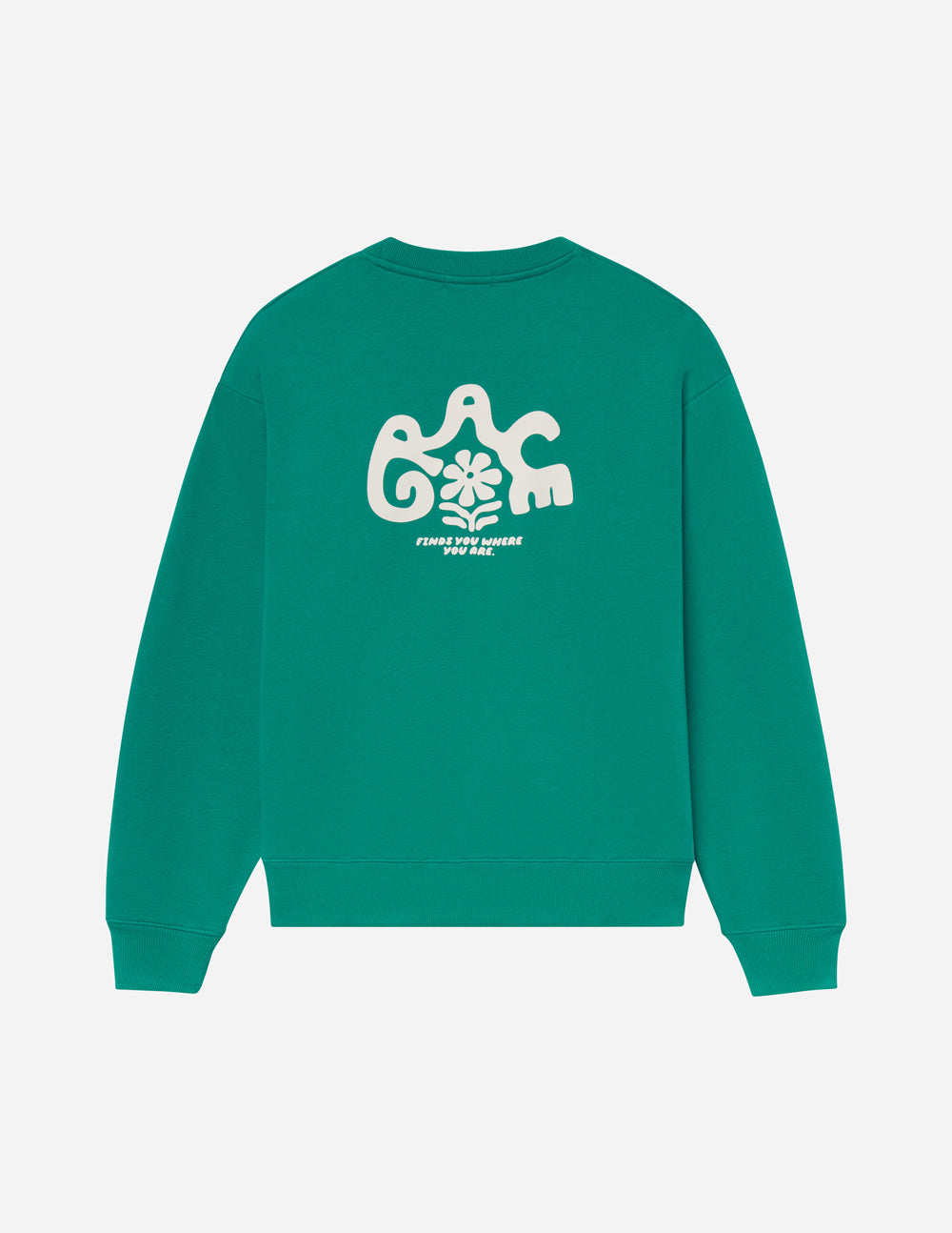 Unisex crewneck sweatshirt in green with centered white graphic and text