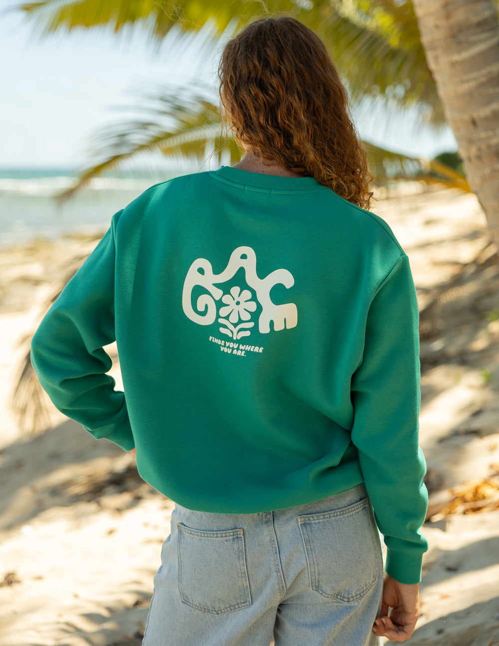 Green unisex crewneck sweatshirt, back logo with elephant graphic