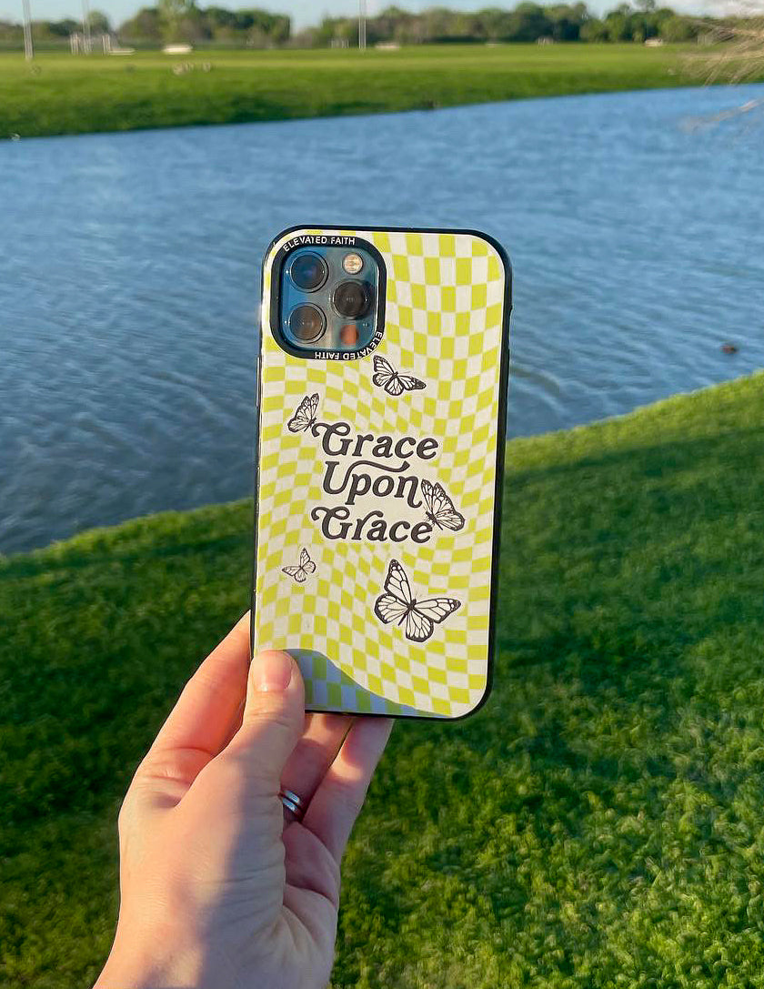 Lime green checkered phone case with butterfly graphics and “Grace Upon Grace” text