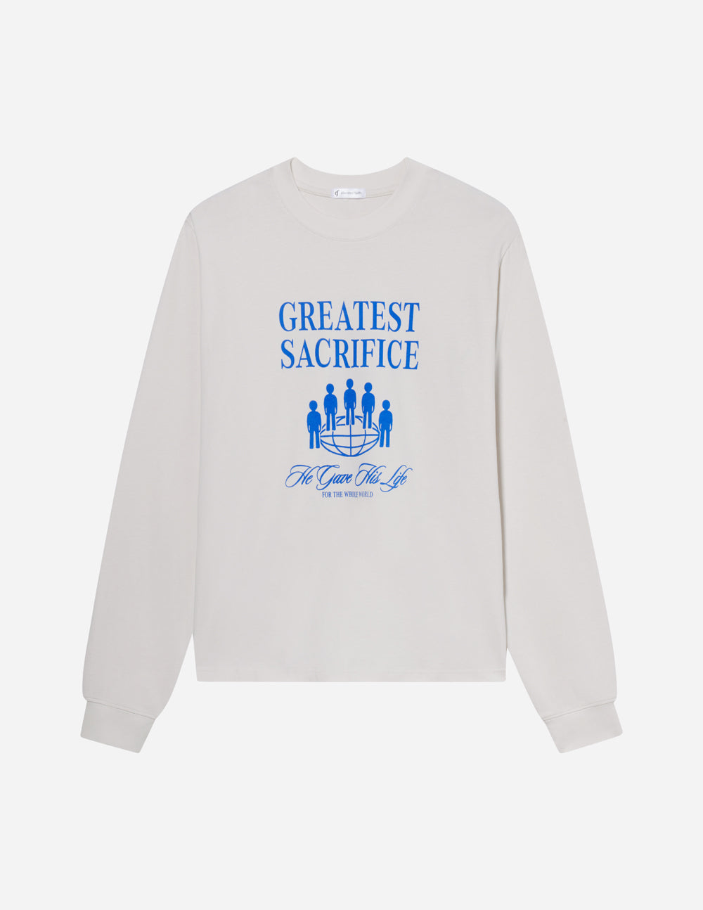 White long-sleeve unisex T-shirt with centered blue “Greatest Sacrifice” logo