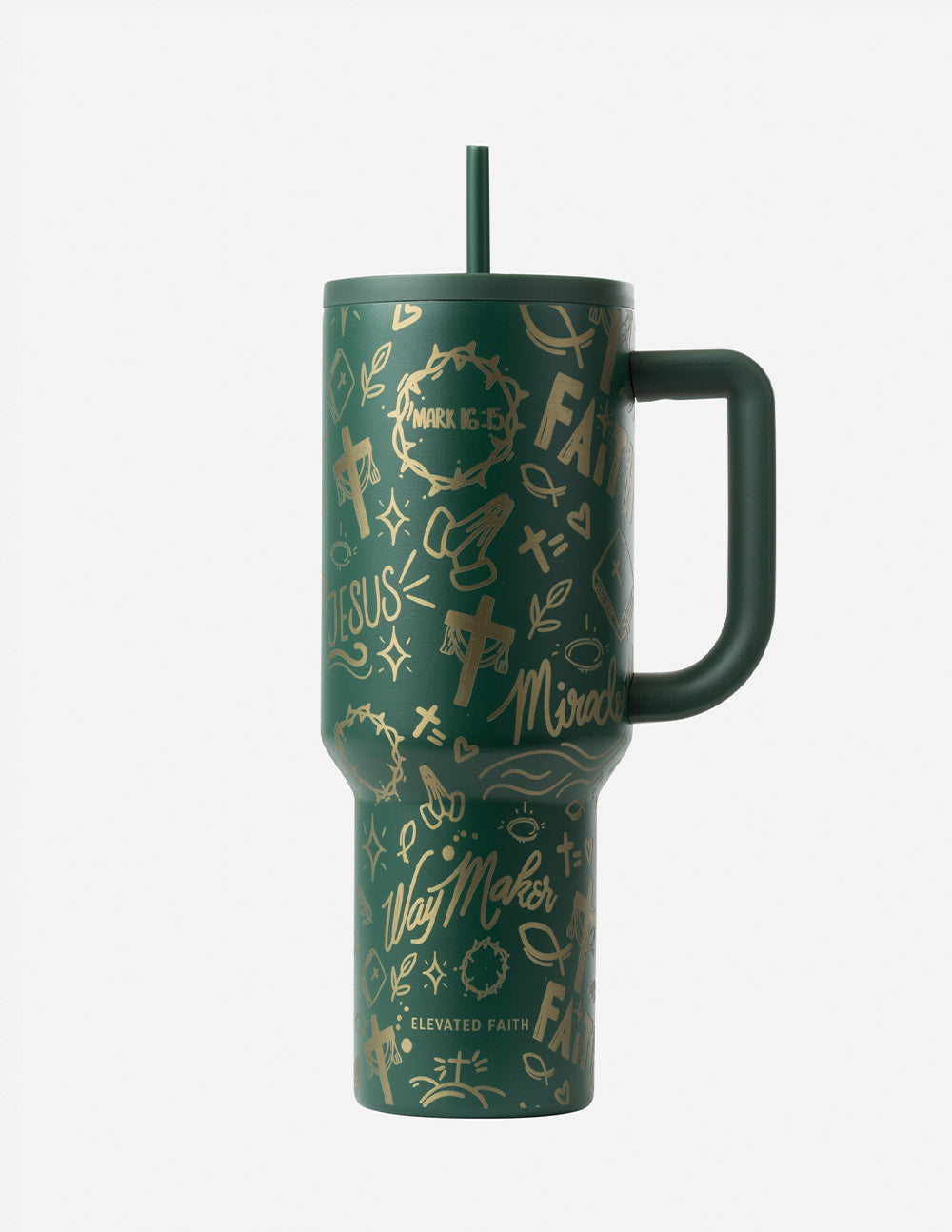 Dark green 40 oz tumbler with allover gold faith icons, straw lid and carry handle