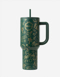 Dark green 40 oz tumbler with allover gold faith icons, straw lid and carry handle