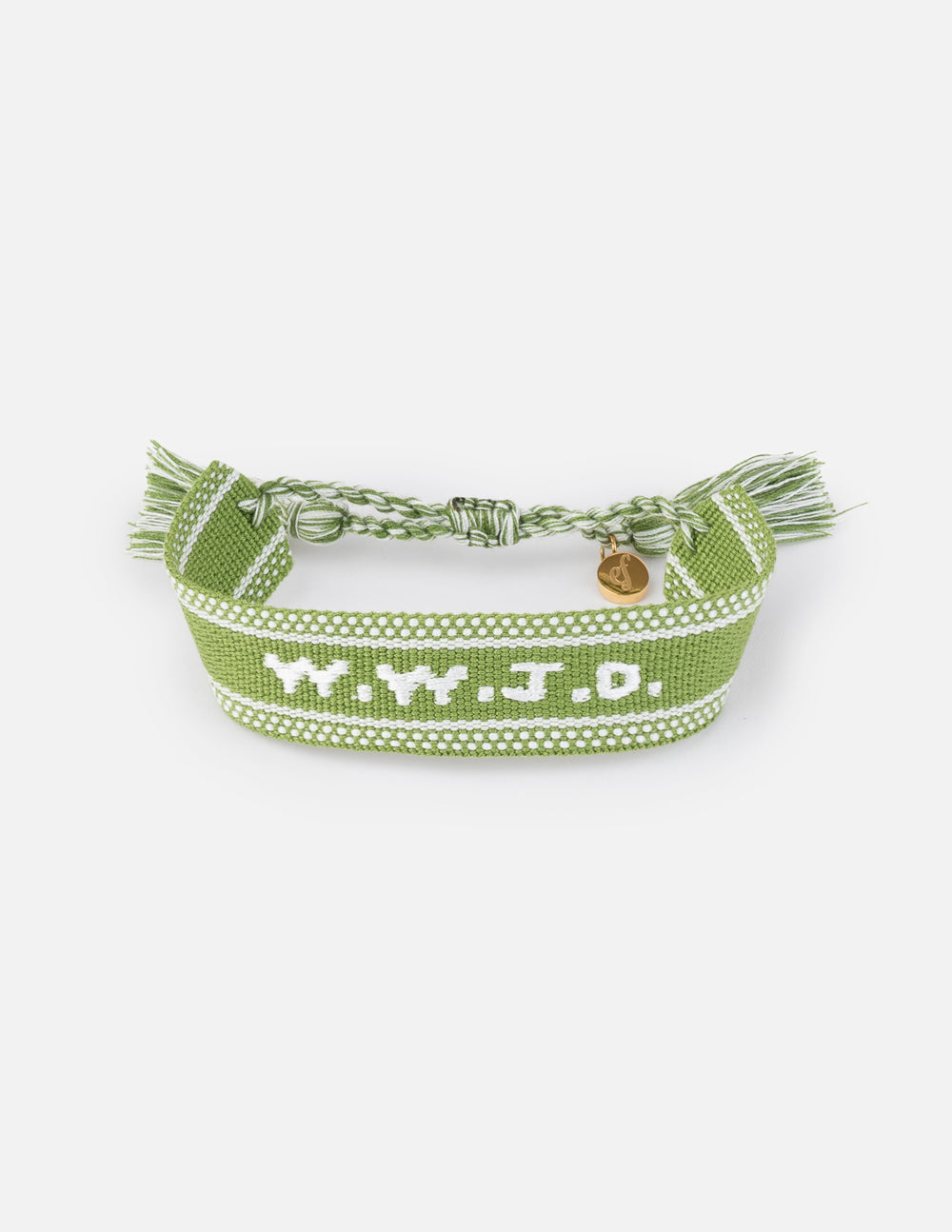Green embroidered bracelet with tassels and a small charm