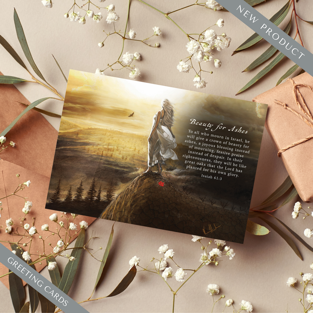 Beauty for Ashes greeting card front with landscape painting and verse