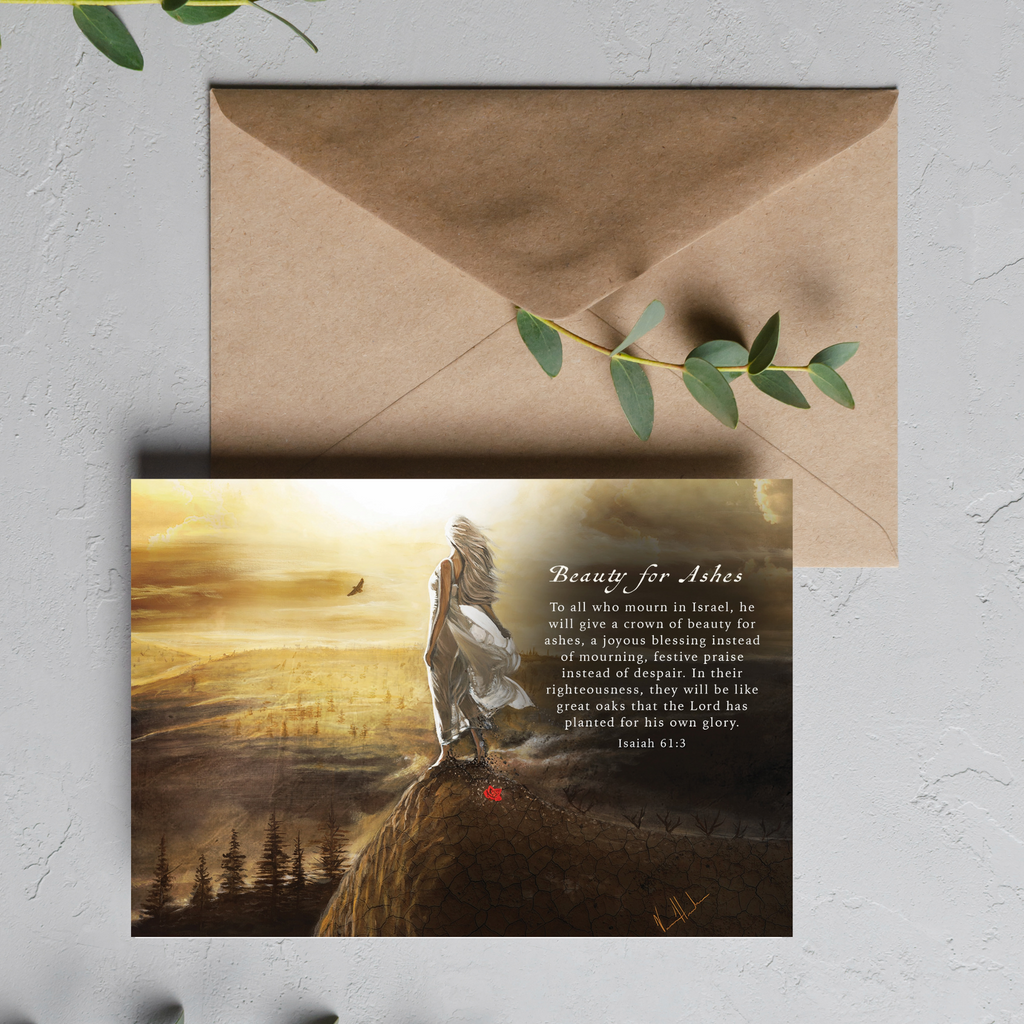 Kraft greeting card with 'Beauty for Ashes' artwork, in brown envelope