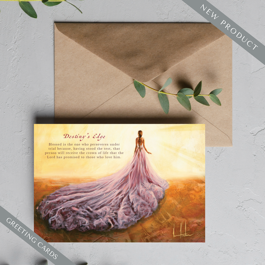 Greeting card with kraft envelope, showing purple dress sunrise artwork