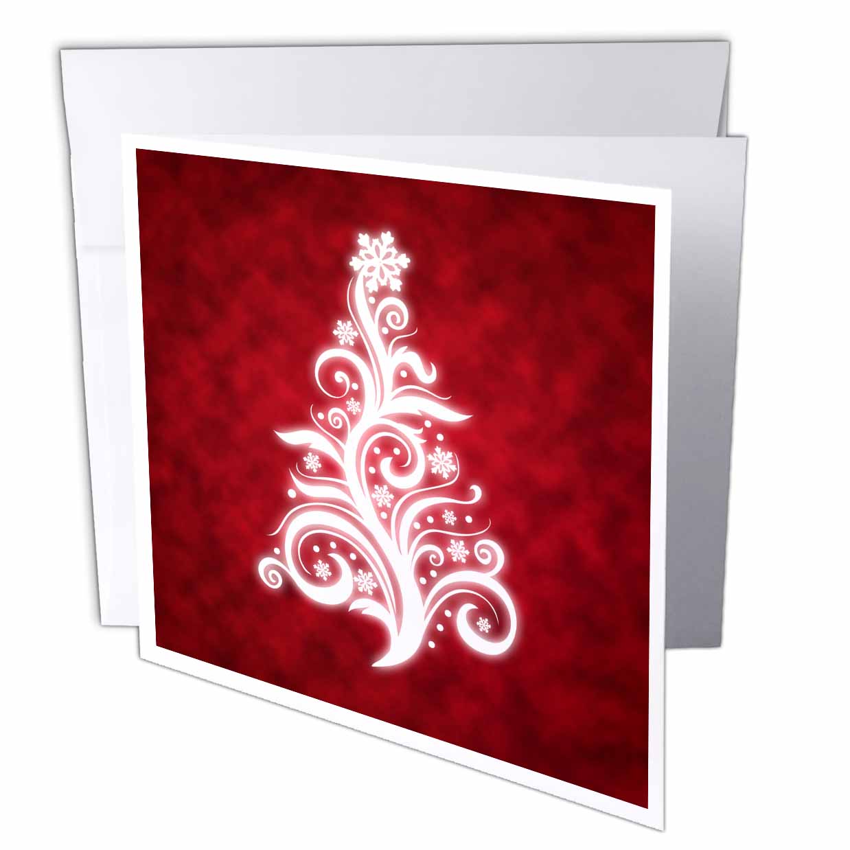 Christmas tree greeting card with swirly white design on red background, open view