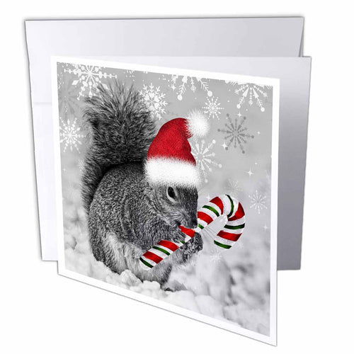 Christmas greeting card featuring a gray squirrel wearing a Santa hat with candy canes