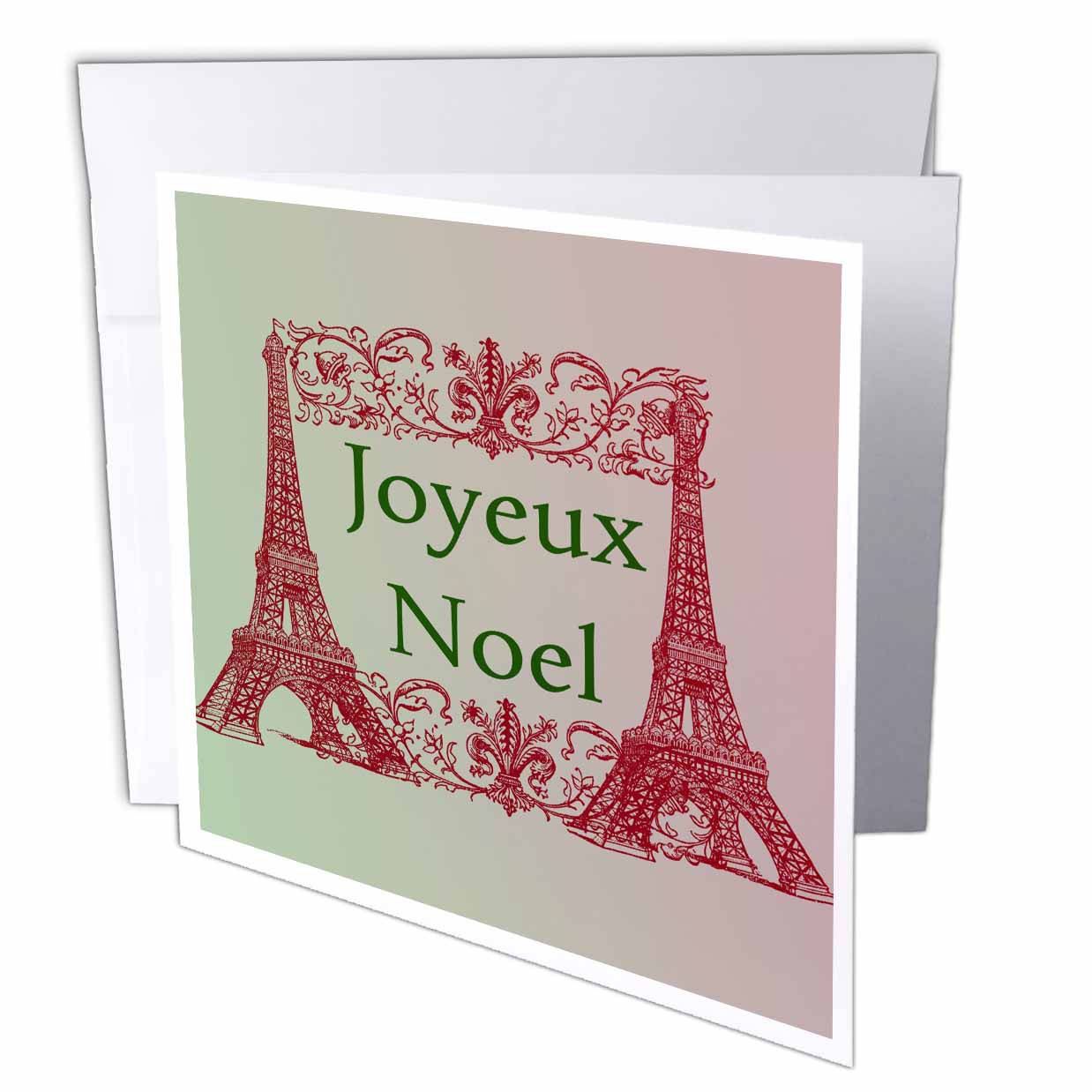 Front greeting card: red Eiffel Towers with 'Joyeux Noel' on green and pink