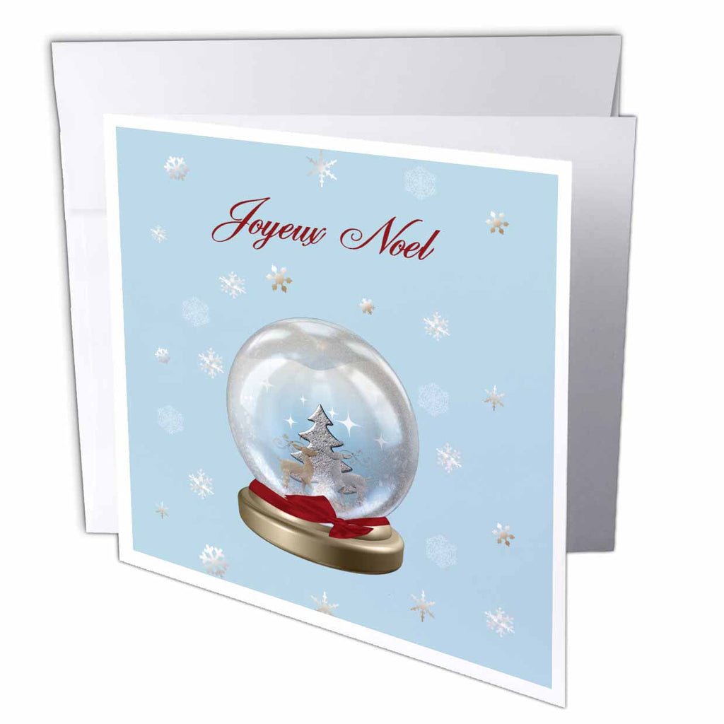 Christmas greeting card with envelope, blue snow globe and Joyeux Noel text