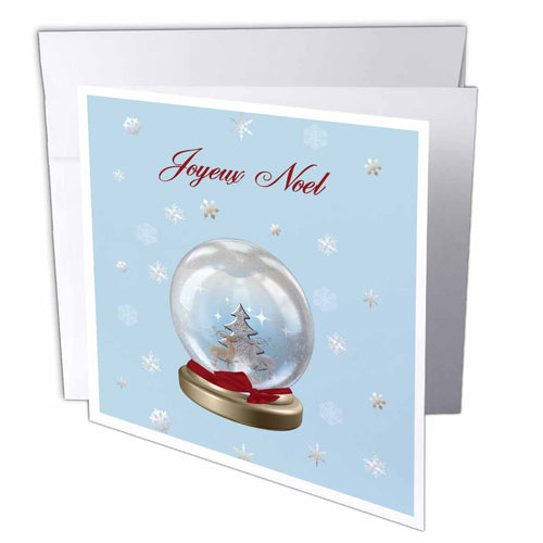 Holiday greeting card with envelope, snow globe scene and Joyeux Noel lettering