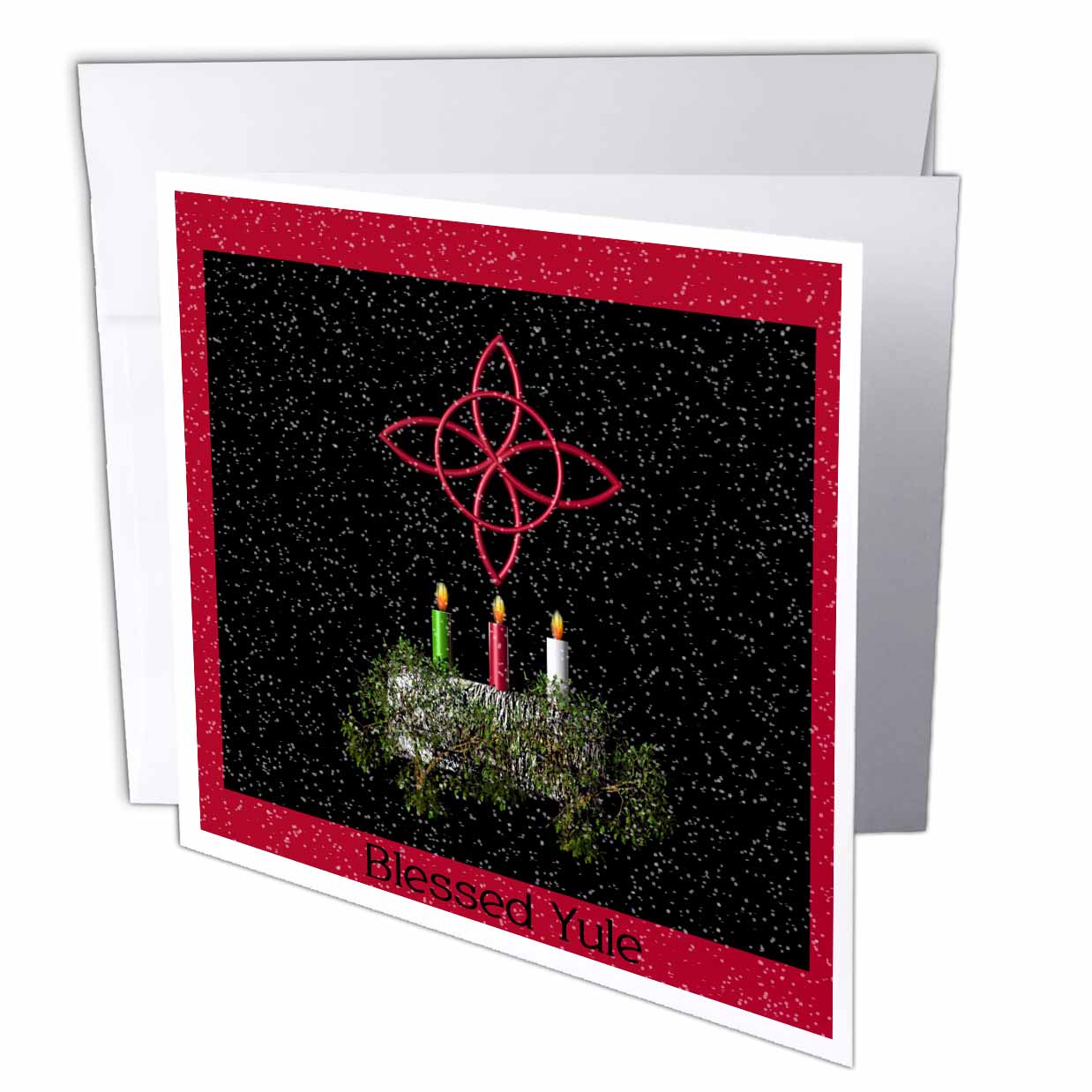 Christmas greeting card with candles, red knot design, and text “Blessed Yule”
