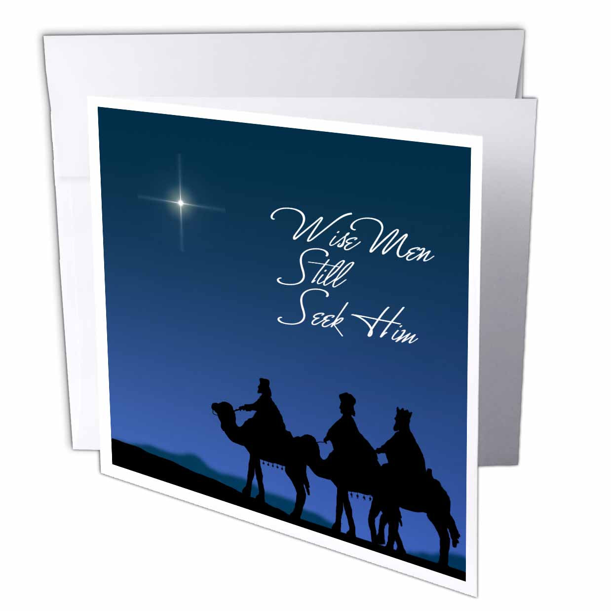 Greeting card: Wise Men silhouettes, bright star, blue night, 'Wise Men Still Seek Him'