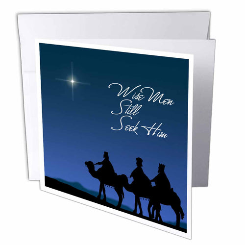 Greeting card: Wise Men silhouettes, bright star, blue night, 'Wise Men Still Seek Him'
