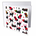 Greeting card with repeating black pug dogs, red ornaments and green candy cane pattern