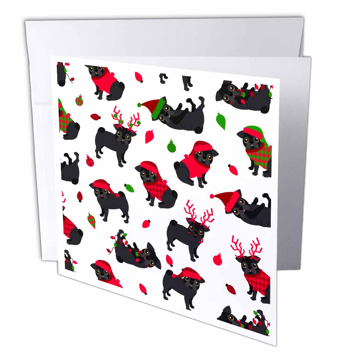 Greeting card with repeating black pug dogs, red ornaments and green candy cane pattern