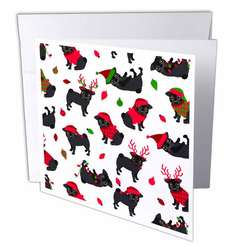 Greeting card with repeating black pug dogs, red ornaments and green candy cane pattern