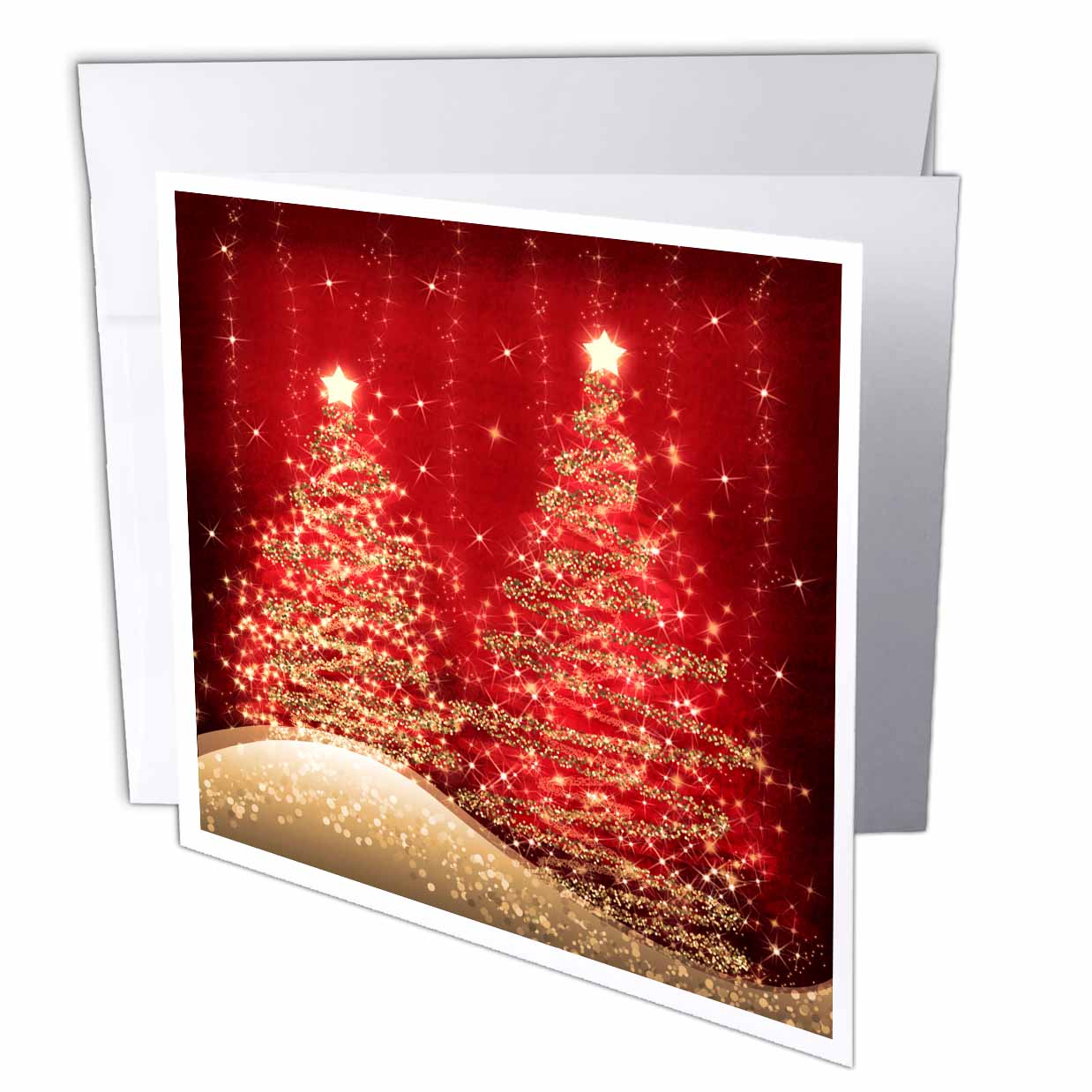 Red Christmas greeting card with sparkling trees and gold glitter stars, shown with envelope