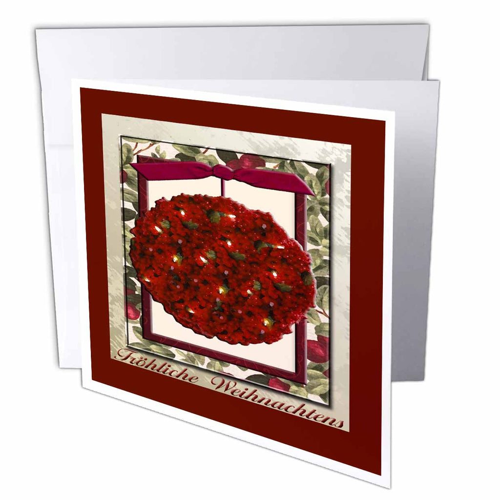 Holiday greeting card with red cranberry ornament, gold frame, and green ribbon bow