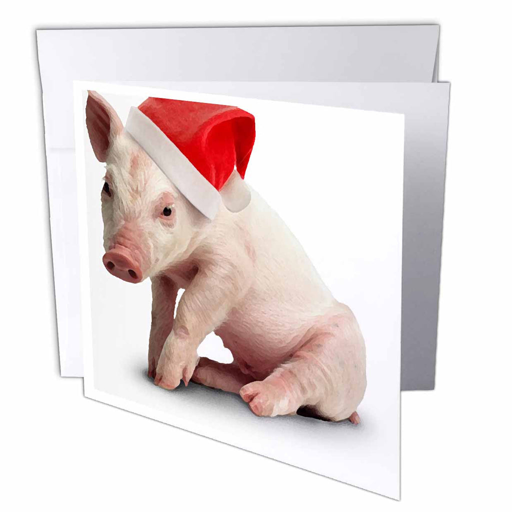 Greeting card with photo-style white pig kneeling, wearing a red Santa hat