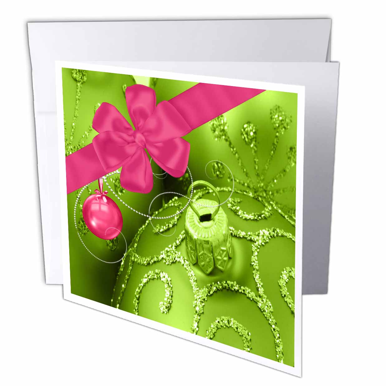 Christmas greeting card with green ornaments, glittery loops, and a pink bow with pink bauble