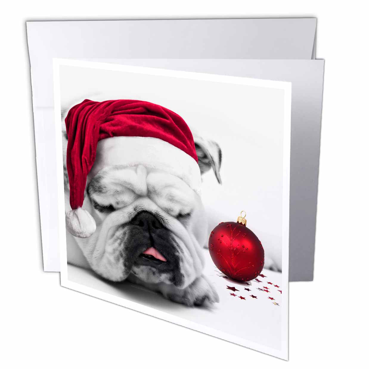Christmas greeting card with sleeping gray bulldog wearing a red Santa hat