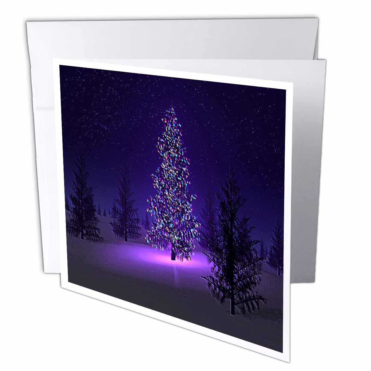 Greeting card with purple night forest scene and sparkling tree lights, with envelope