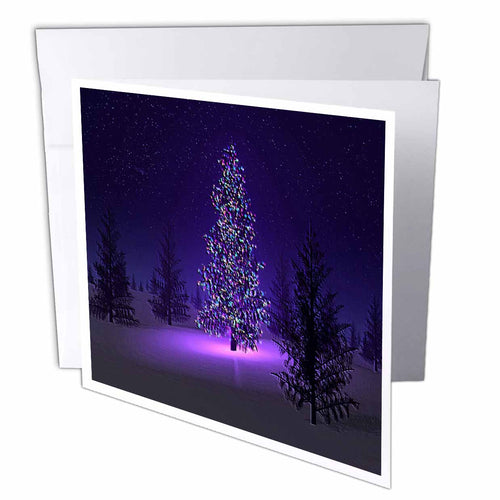 Greeting card front with purple lit trees on dark night sky, stacked behind envelope