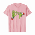 Pink Christmas T-shirt with green hand graphic, 'Six Seven' print
