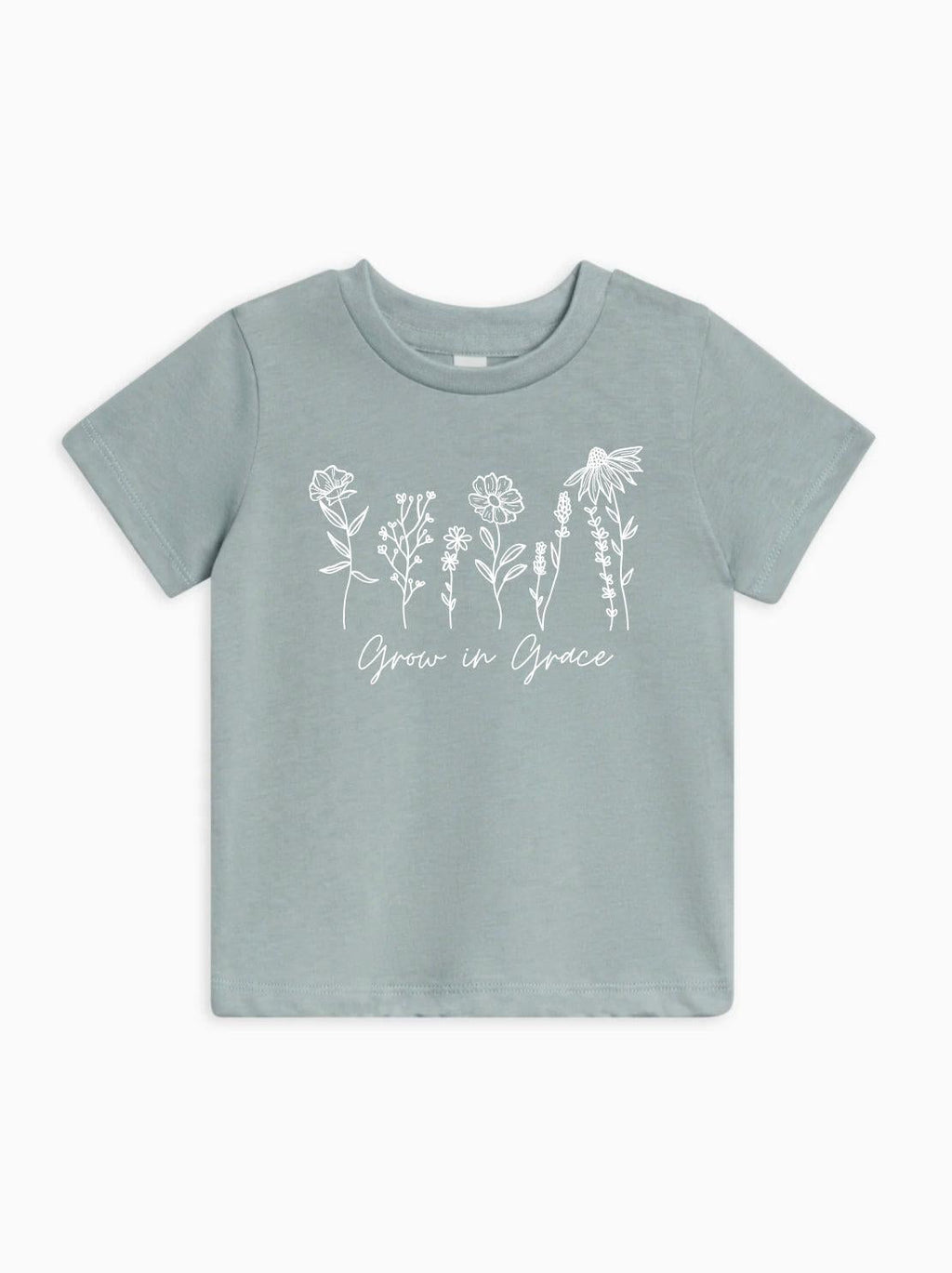 Kids organic cotton T-shirt in sage green with white wildflower graphic and Grow in Grace text.