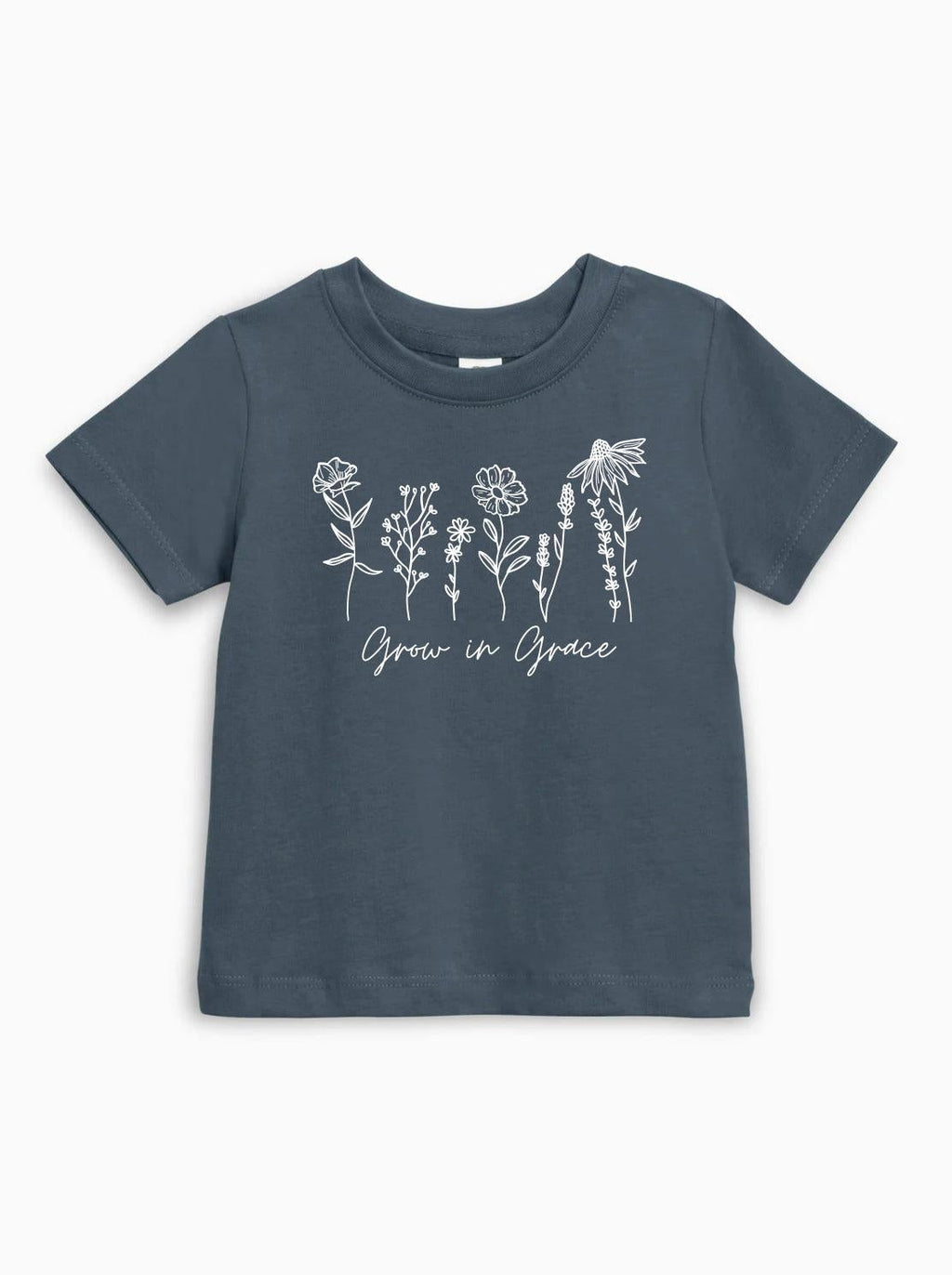Kids organic cotton T-shirt in dark blue with white wildflower graphic and Grow in Grace text.