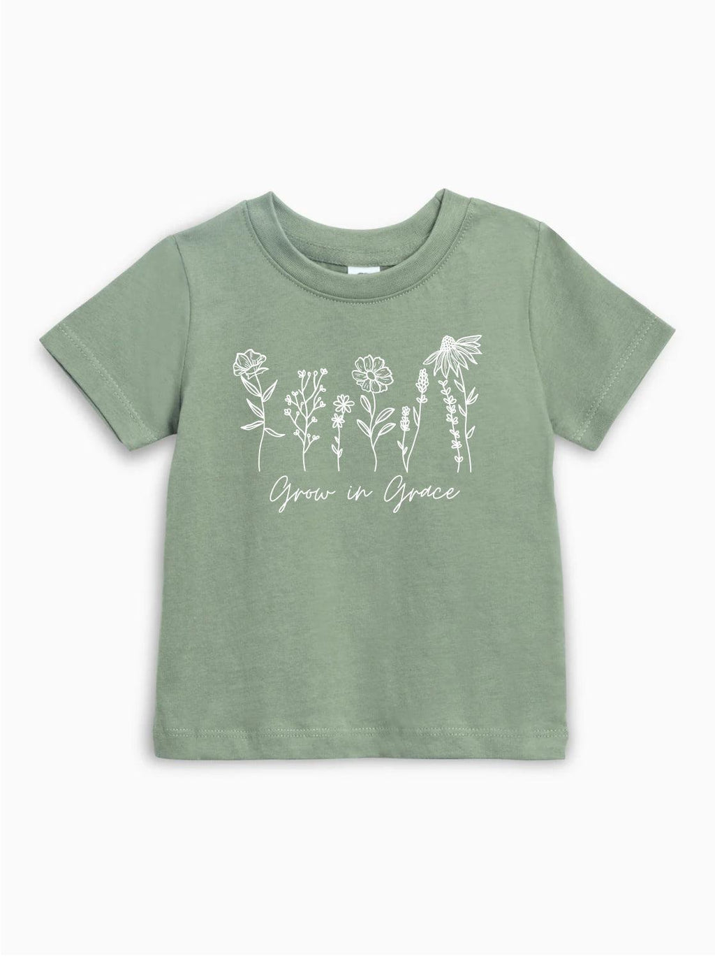 Kids organic cotton T-shirt in thyme green with white wildflower graphic and Grow in Grace text.