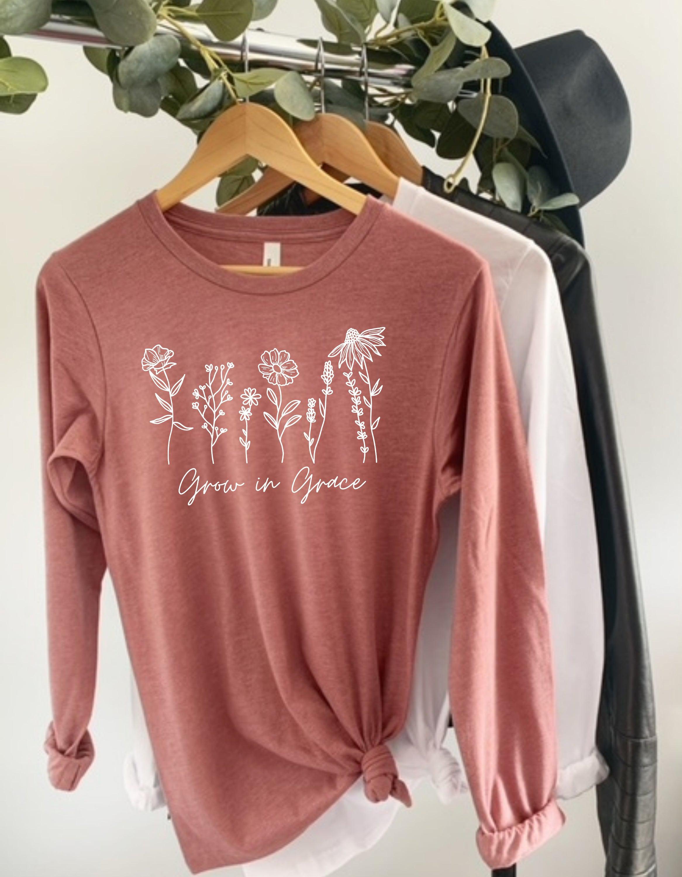 Dusty rose long sleeve T-shirt with white botanical “Grow in Grace” graphic