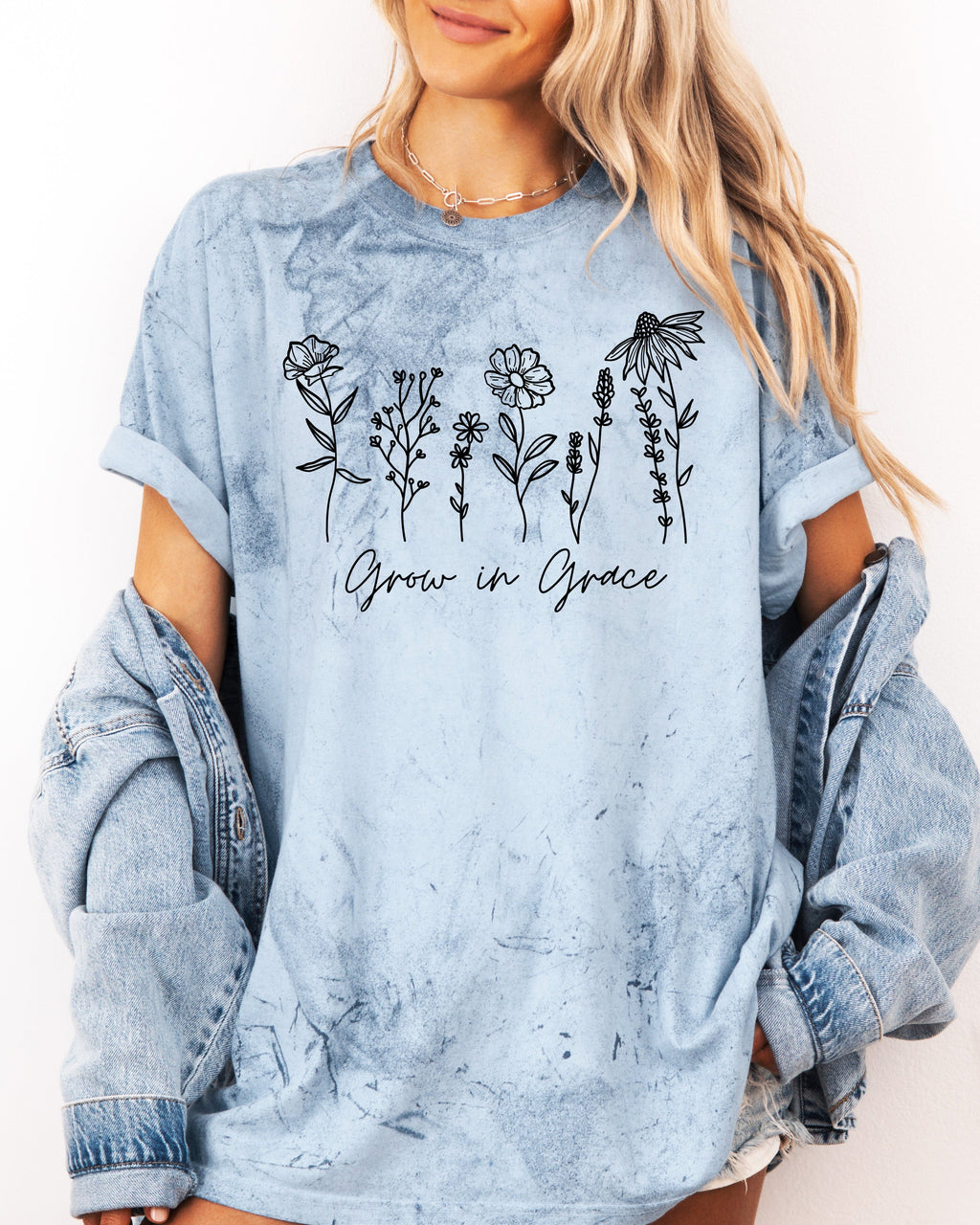 Light blue T-shirt with floral 'Grow in Grace' graphic