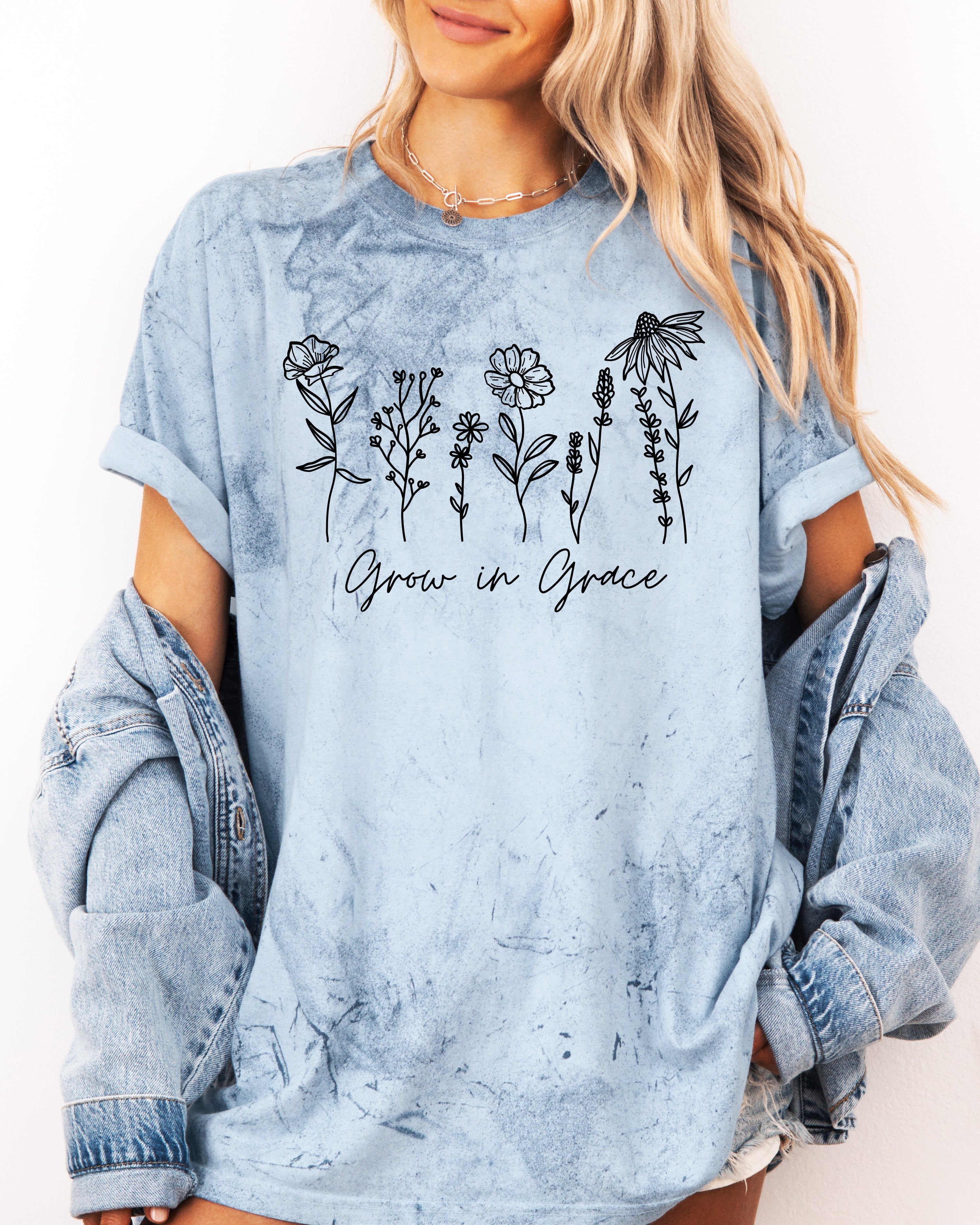 Light blue T-shirt with floral 'Grow in Grace' graphic