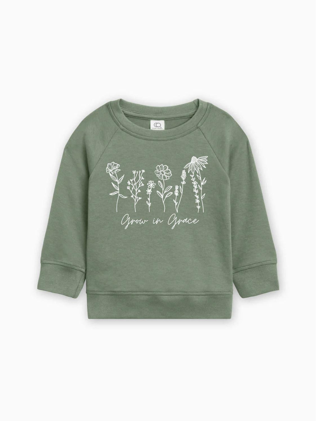 Green toddler pullover with long sleeves and white botanical 'Grow in Grace' graphic