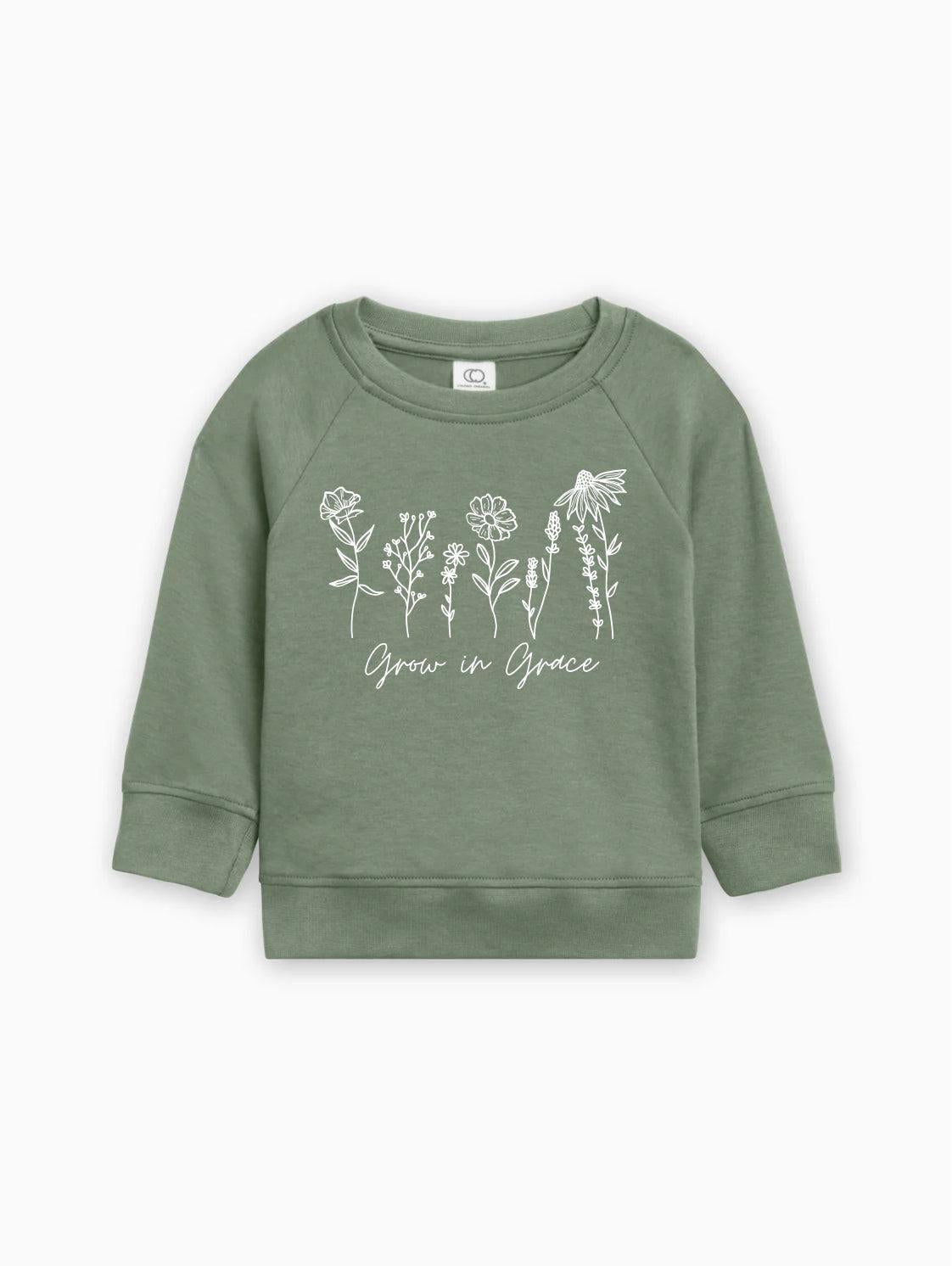 Green toddler pullover with long sleeves and white botanical 'Grow in Grace' graphic