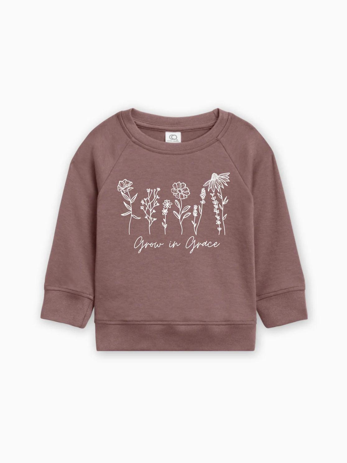 Brown baby pullover with long sleeves and white botanical 'Grow in Grace' print