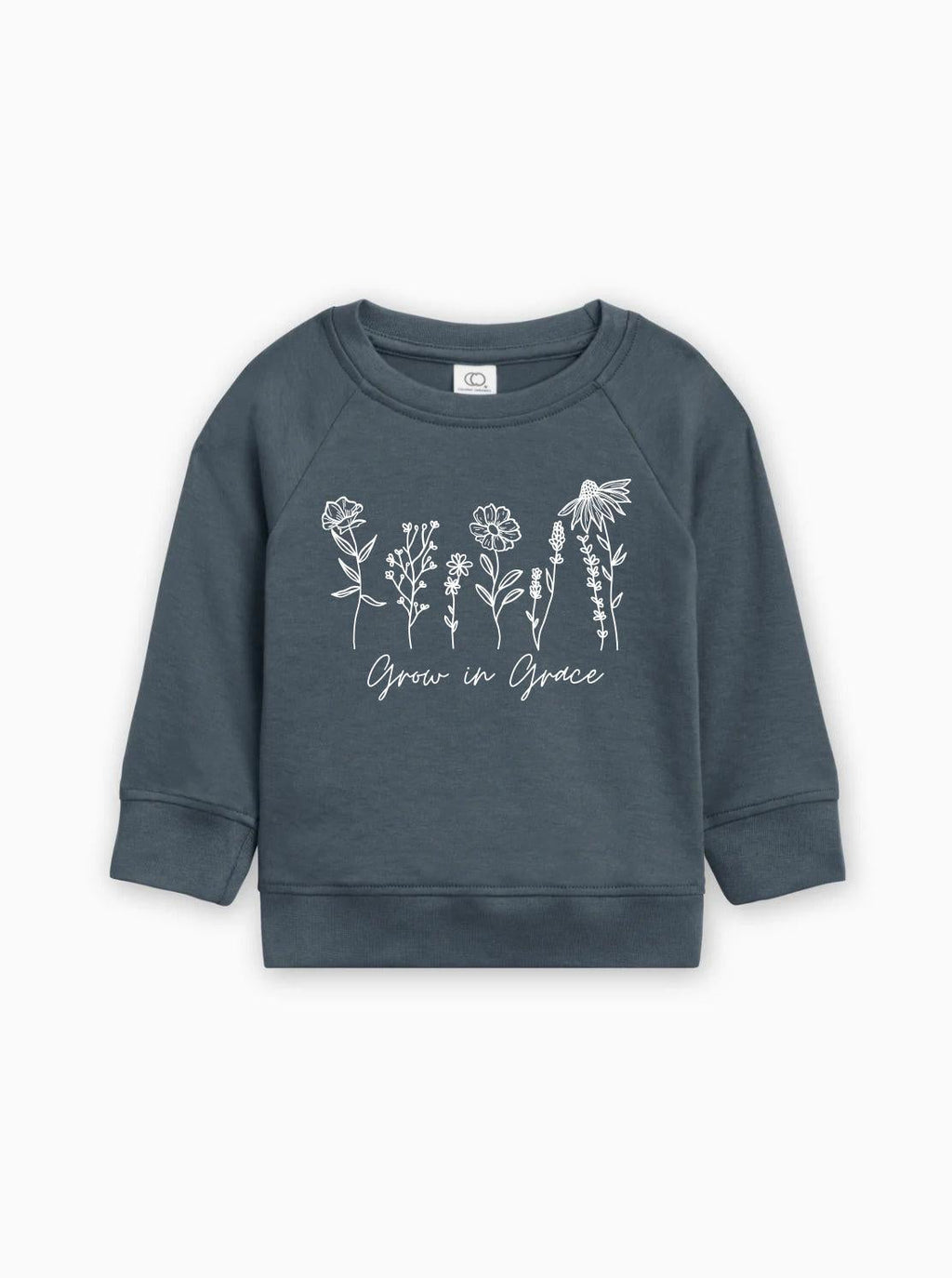 Navy toddler pullover with long sleeves and white botanical 'Grow in Grace' graphic