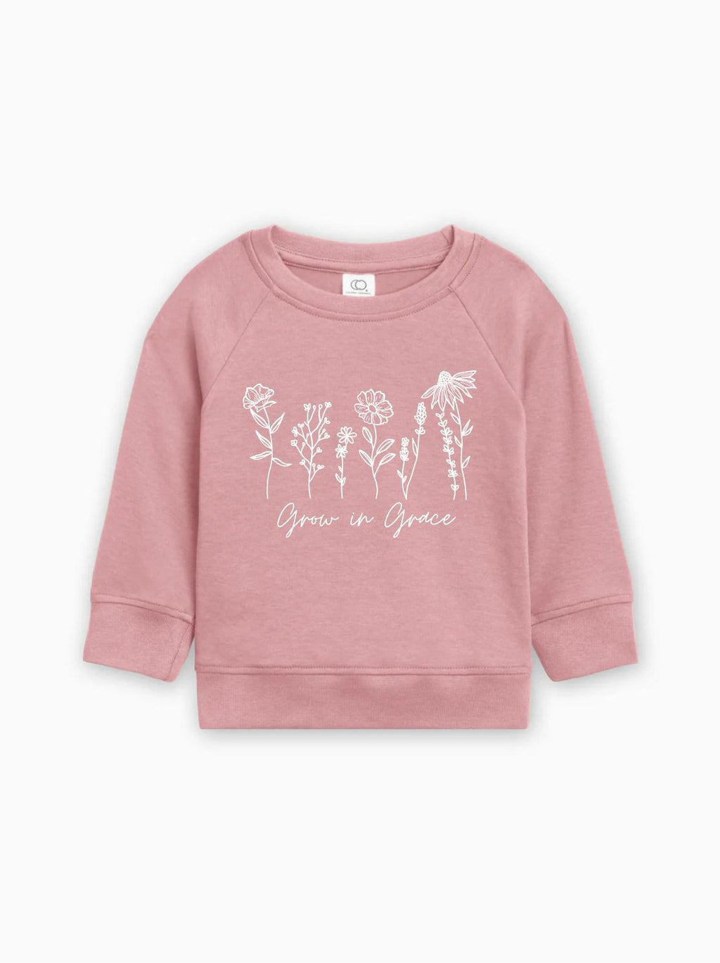 Pink baby pullover with long sleeves and white botanical 'Grow in Grace' print