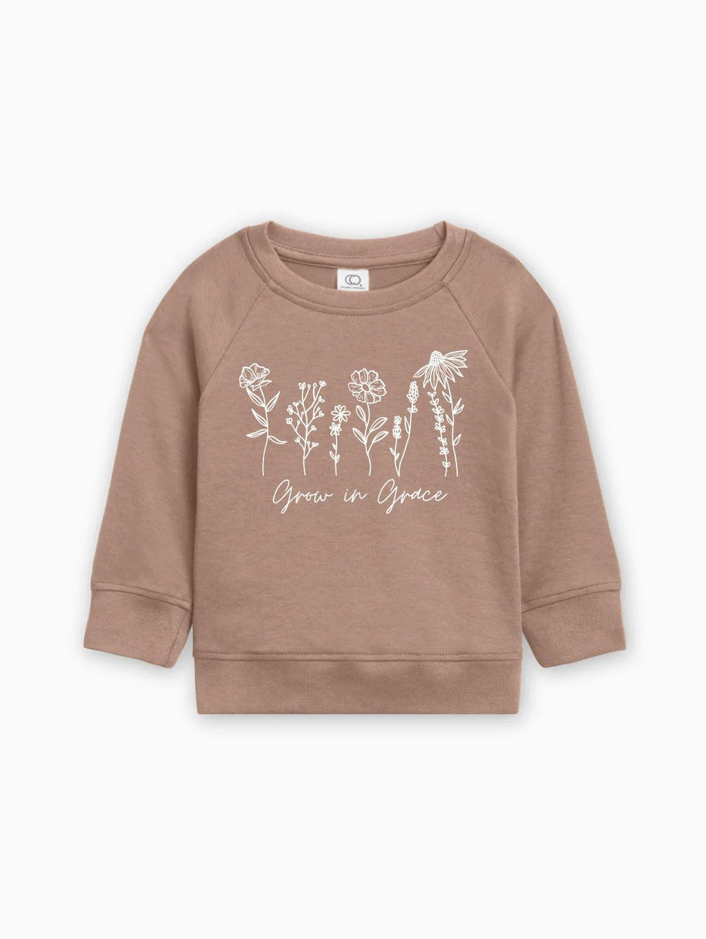Tan baby pullover with long sleeves and white botanical 'Grow in Grace' print